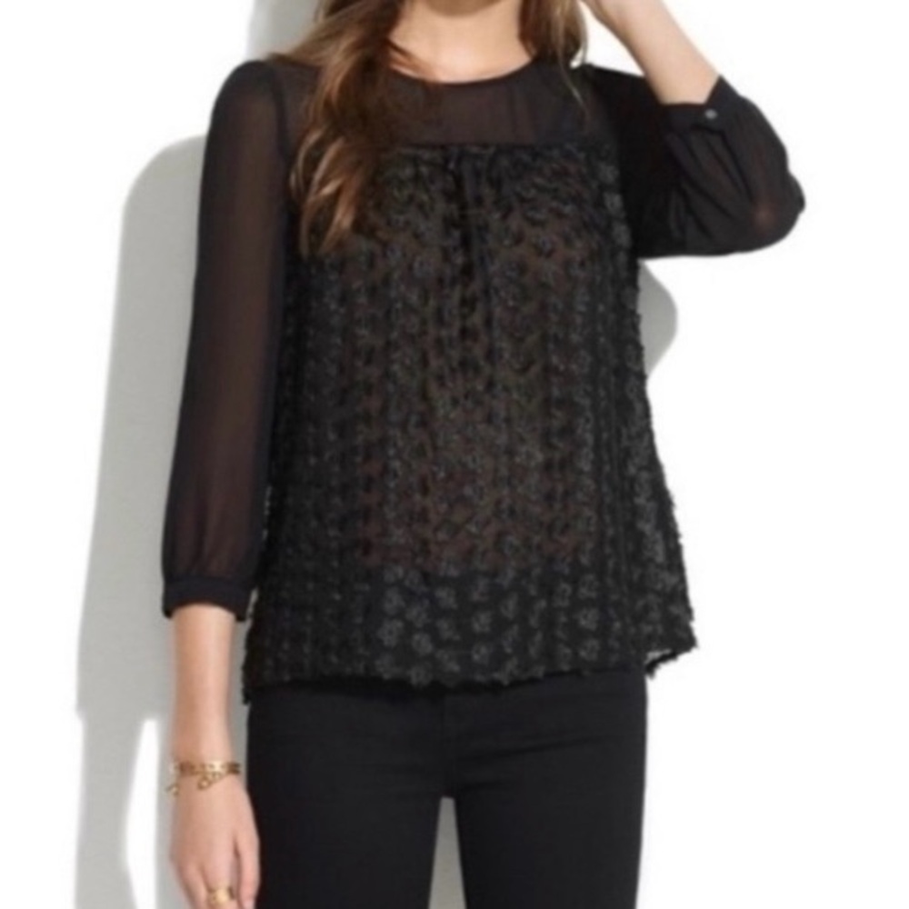 Madewell Floral Fringe Sheer Black Peasant Blouse Top NWT — M